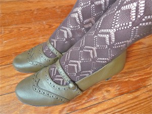 Olive one-inch heels from Vegetarian Shoes. They don’t go with everything, but they’re still my instant-happy shoes.