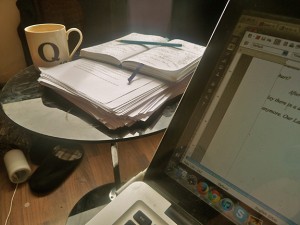 Revising the 2016 novel at my friend's London flat last spring. He made sure there was soy milk in the fridge for my tea!