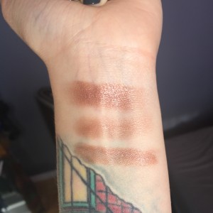 Han Skin Care Cosmetics Eyeshadow in Taupey Plum. Top to bottom: applied with finger, eyeshadow brush, and damp eyeshadow brush