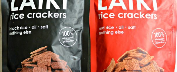 Laiki Rice Crackers are vegan and gluten free yet full of flavor and crunch from red and black rice, oil, salt, and nothing else.
