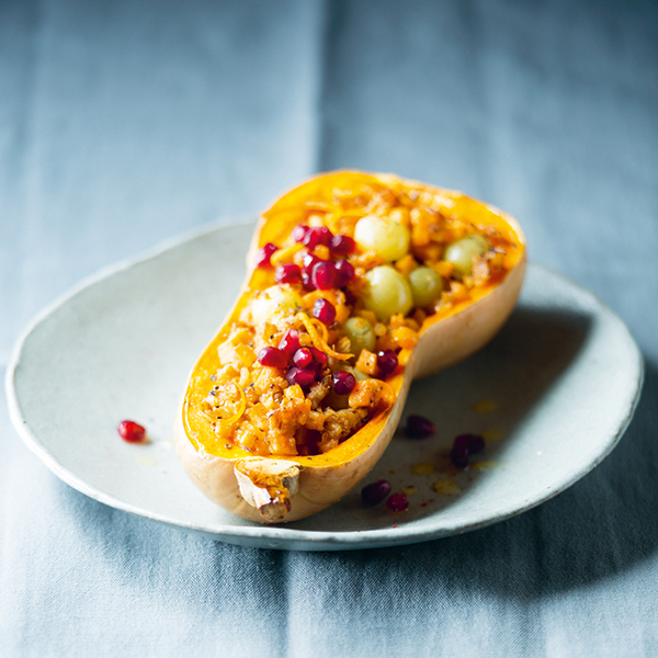 Impress your guests the holiday with Stuffed Butternut Squash with White Grapes from Vegan Cuisine by Jean-Christian Jury. It's a perfect main dish for Thanksgiving or Christmas dinner