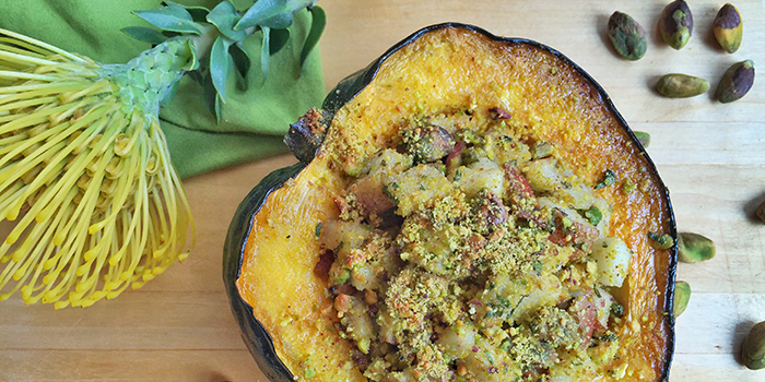 Baked Acorn Squash with Pistachios, Pears and Fresh Herbs from Spork Foods