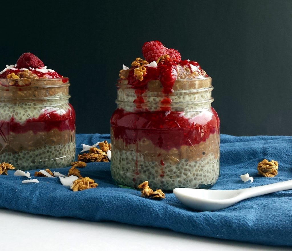 Orange Dream Chia Parfait with Carob Oats and Almost-Instant Raspberry Jam