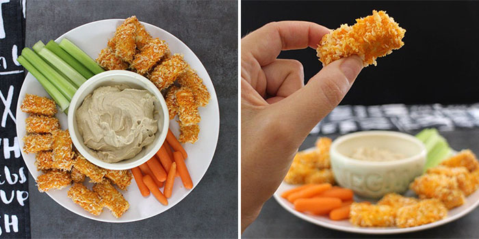 Buffalo Tofu with Dilly Tahini Dipping Sauce