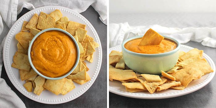 Curried hummus with pita chips and veggies for dipping.