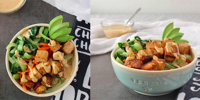 Buddha Bowl with tofu, bok choy, avocado, and quinoa.