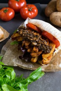 CAJUN FRENCH FRY PO’ BOY WITH VEGAN MUSHROOM GRAVY