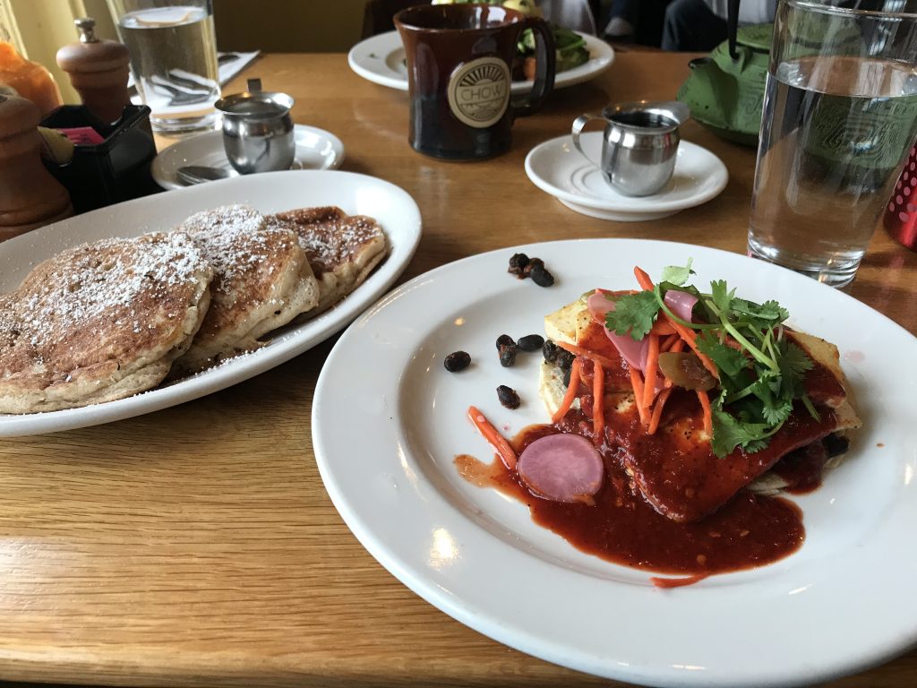 Vegan rancheros and pumpkin pancakes at Chow in Bend, Oregon