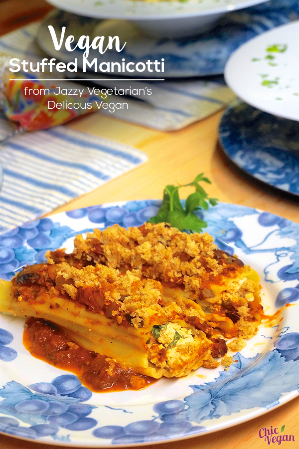 Jazzy Vegetarian's vegan Stuffed Manicotti is super yummy, and its classic taste and texture makes an enticing dish to serve at a casual dinner gathering or weekend family supper.