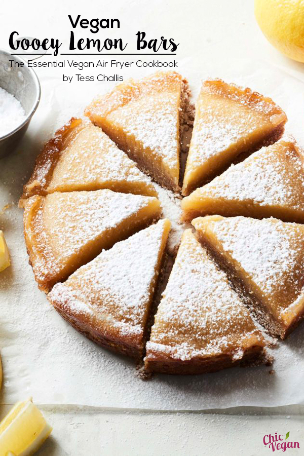 Ooey, ooey delicious! These dangerously delectable Gooey Lemon Bars from The Essential Vegan Air Fryer Cookbook by Tess Challis come together quickly to create a lemon lover’s dream dessert. 