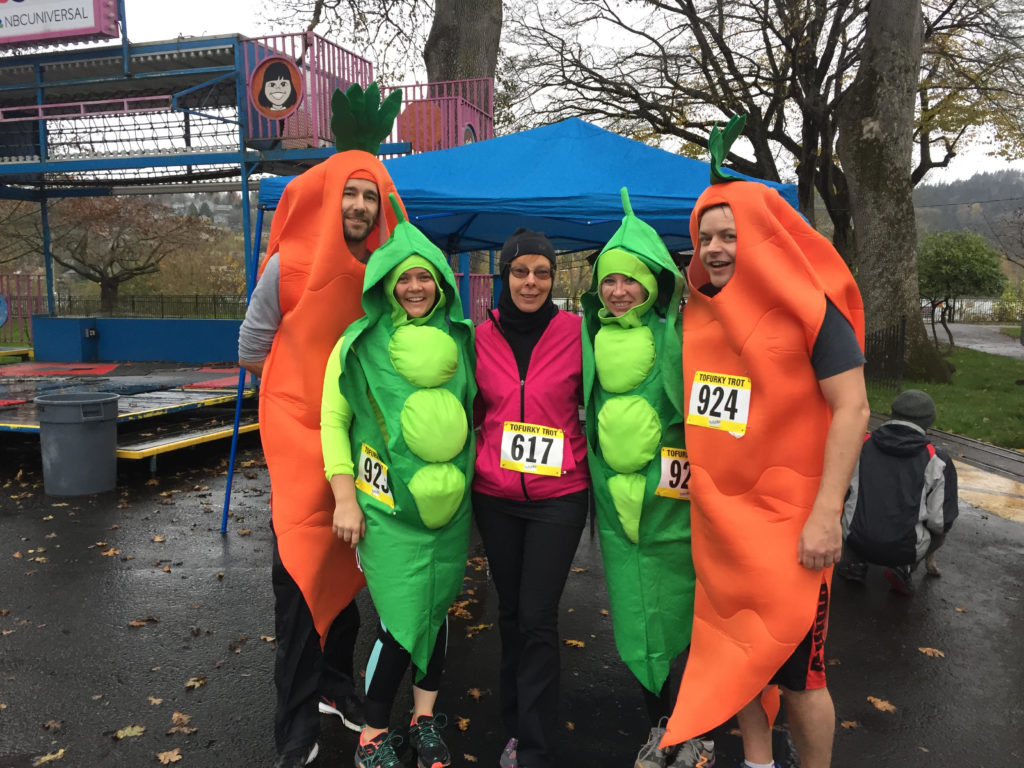 People dressed as carrots and peas at a Tofurky Trot.