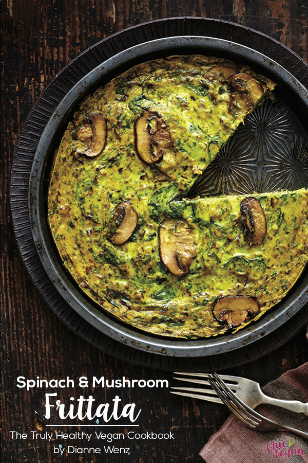 Spinach and Mushroom Frittata from The Truly Healthy Vegan Cookbook is the ultimate brunch dish! It's great for special occasions, Sunday brunch, or anytime you're craving breakfast for dinner! It's vegan and gluten-free.