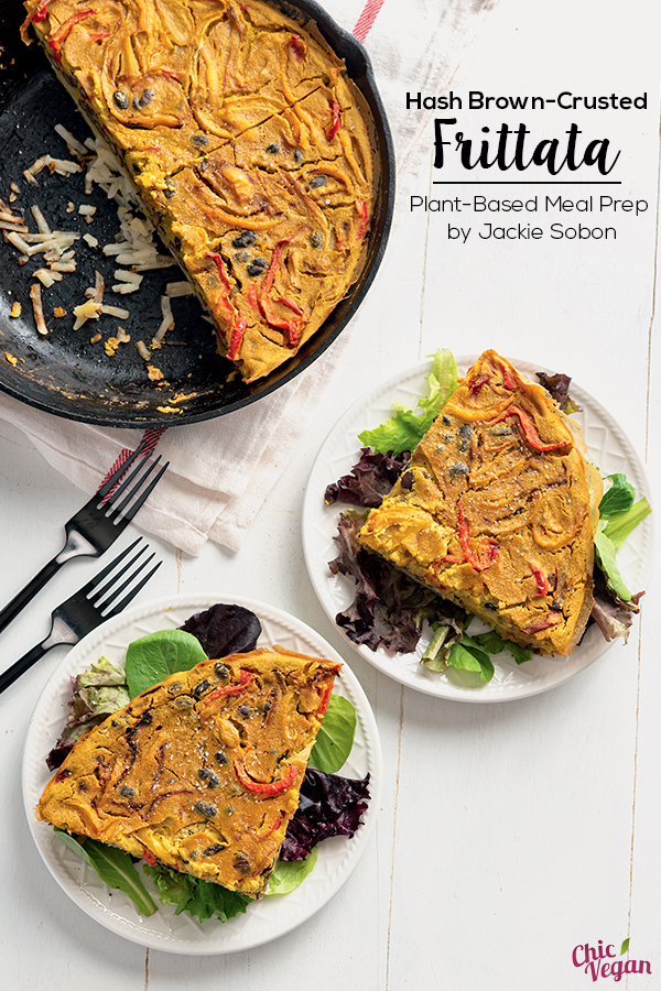 This vegan Hash Brown-Crusted Frittata fromVegan Yack Attacks Plant-Based Meal Prep! by Jackie Sobonis rich in protein, easy to make, and delicious atop a bed of mixed greens. Serve it for breakfast, brunch, or even dinner! It's vegan and gluten-free as well as being freezer friendly.